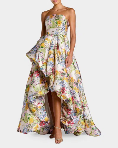 Mac Duggal Floral Mikado Strapless High-low Bubble Hem Gown In Multi