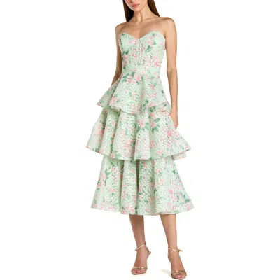 Mac Duggal Floral Net Strapless Tiered Ruffle Midi Dress In Green