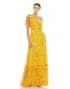 Mac Duggal One-shoulder Floral Print Chiffon A-line Gown In Yellow