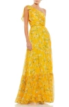 Mac Duggal One-shoulder Floral Print Chiffon A-line Gown In Yellow Multi