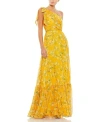 Mac Duggal One-shoulder Floral Print Chiffon A-line Gown In Yellow Multi