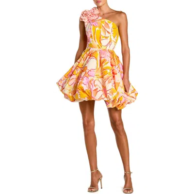 Mac Duggal Floral One Shoulder Bubble Hem Faille Mini Dress In Orange