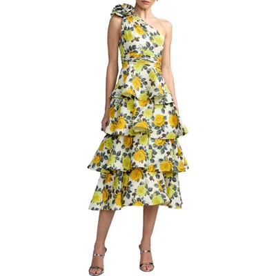 Mac Duggal Floral One Shoulder Charmeuse Tiered Midi Dress In Multi