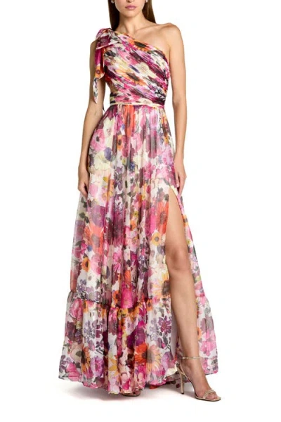 Mac Duggal Floral One-shoulder Cutout Chiffon Evening Gown In Multi