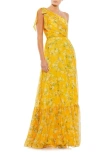 Mac Duggal One-shoulder Floral Print Chiffon A-line Gown In Yellow Multi