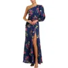 Mac Duggal Floral One-sleeve Charmeuse Gown With Slit In Blue