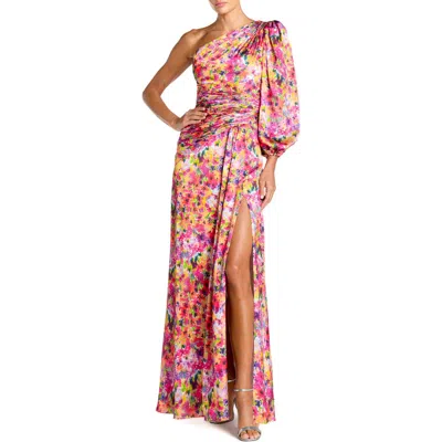 Mac Duggal Floral One-sleeve Charmeuse Gown With Slit In Multi