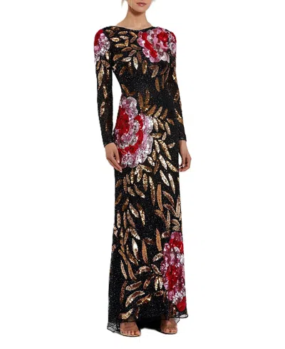 Mac Duggal Floral Patter Sequin Long Sleeve Dress In Black Multi
