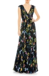 MAC DUGGAL FLORAL PLEATED SLEEVELESS GOWN