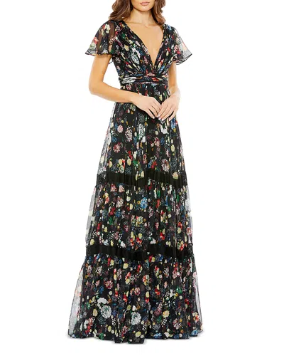 Mac Duggal Floral Print Pleated Wrap Over Butterfly Sleeve Dress In Black Multi