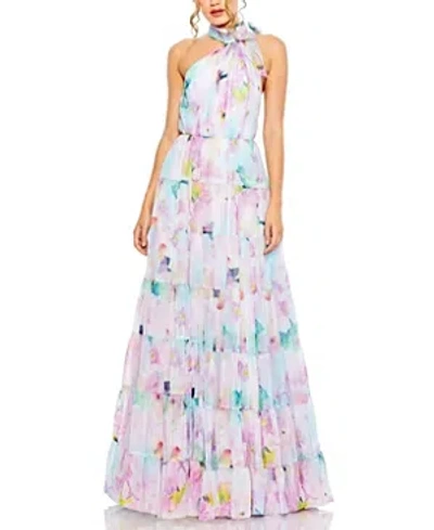 MAC DUGGAL FLORAL PRINT ASYMMETRICAL HALTER NECK TIERED GOWN