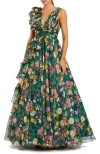 Mac Duggal Floral Print Ballgown With Ruffle Shoulder And Plunging V-neck In Green