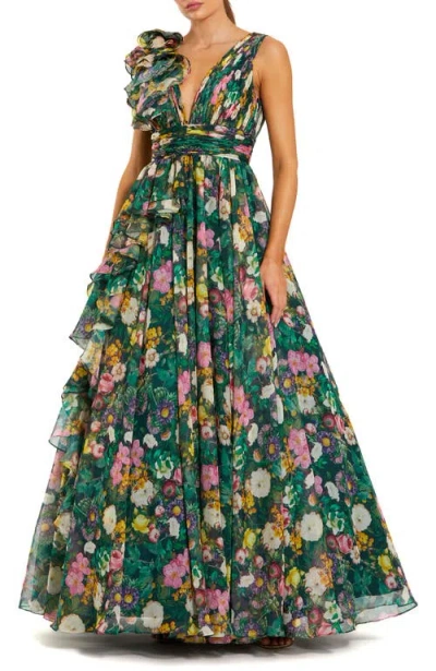 Mac Duggal Floral Print Ballgown With Ruffle Shoulder And Plunging V-neck In Green