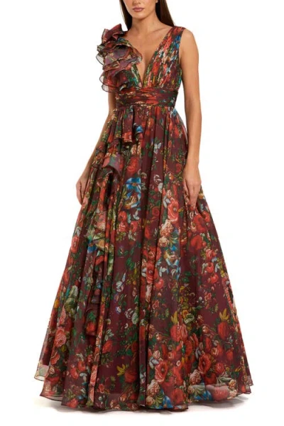 MAC DUGGAL MAC DUGGAL FLORAL PRINT BALLGOWN WITH RUFFLE SHOULDER AND PLUNGING V-NECK