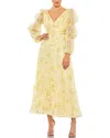 Mac Duggal Floral Print Chiffon Illusion Tiered Puff Dress In Yellow