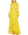 MAC DUGGAL FLORAL PRINT CHIFFON RUCHED RAGLAN SLEEVE GOWN