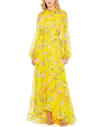 Mac Duggal Floral Print Chiffon Ruched Raglan Sleeve Gown In Yellow