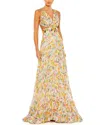 Mac Duggal Floral Print Cut Out Lace Up Tiered Gown In Brown