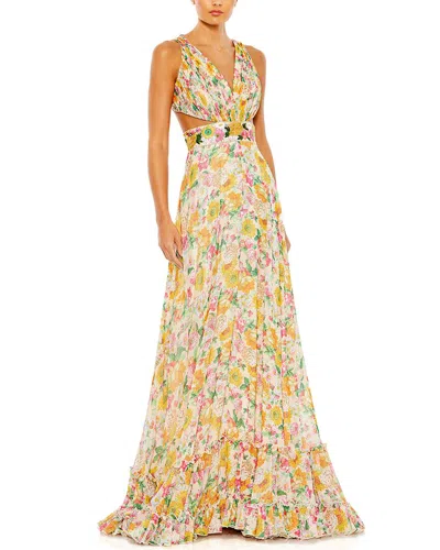 Mac Duggal Floral Print Cut Out Lace Up Tiered Gown In Multi