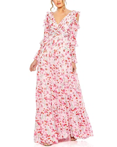 Mac Duggal Ruffle Sleeve Floral Print Gown In White Multi