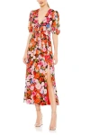 MAC DUGGAL MAC DUGGAL FLORAL PRINT FRONT TIE PUFF SLEEVE FLOWY MIDI DRESS