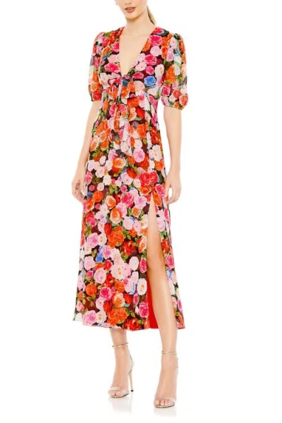 Mac Duggal Floral Print Front Tie Puff Sleeve Flowy Midi Dress In Rose Multi