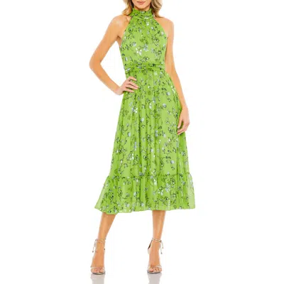 Mac Duggal Floral Print Halter Neck A Line Dress In Sage Multi