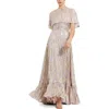 Mac Duggal Floral Print High Neck Cape Sleeve A Line Gown