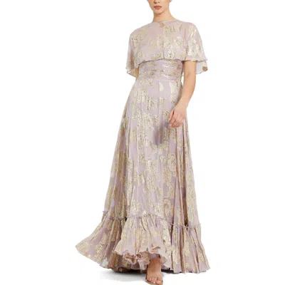 Mac Duggal Floral Print High Neck Cape Sleeve A Line Gown