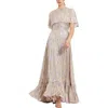 Mac Duggal Floral Print High Neck Cape Sleeve A Line Gown In Gray