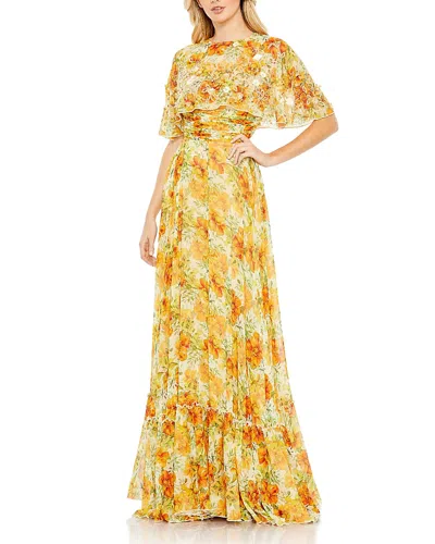 Mac Duggal Floral Print High Neck Cape Sleeve A Line Gown In Yellow Multi