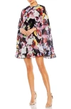 Mac Duggal Floral Print High Neck Ruffle Hem Cape Mini Dress In Multi