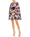 MAC DUGGAL FLORAL PRINT HIGH NECK RUFFLE HEM CAPE MINI DRESS