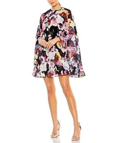 MAC DUGGAL FLORAL PRINT HIGH NECK RUFFLE HEM CAPE MINI DRESS