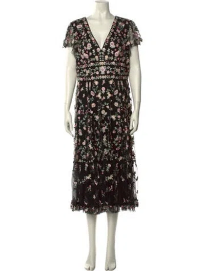 Pre-owned Mac Duggal Floral Print Long Dress In Black