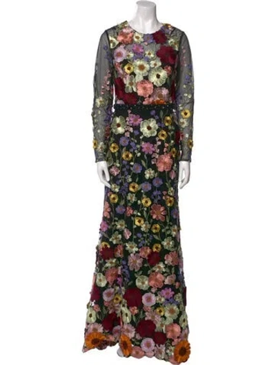 Pre-owned Mac Duggal Floral Print Long Dress In Black