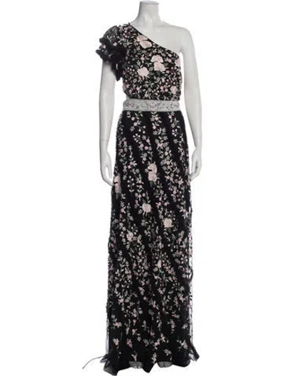 Pre-owned Mac Duggal Floral Print Long Dress In Black