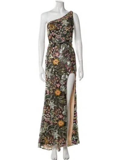 Pre-owned Mac Duggal Floral Print Long Dress In Black