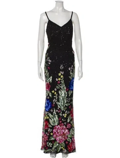 Pre-owned Mac Duggal Floral Print Long Dress In Black