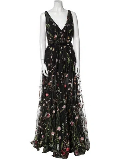 Pre-owned Mac Duggal Floral Print Long Dress In Black