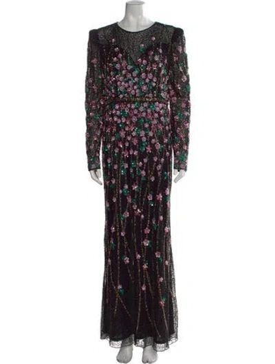Pre-owned Mac Duggal Floral Print Long Dress In Black