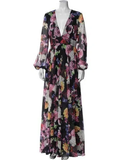 Pre-owned Mac Duggal Floral Print Long Dress In Black