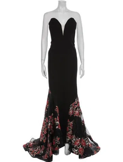 Pre-owned Mac Duggal Floral Print Long Dress In Black
