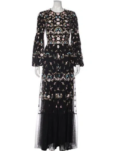 Pre-owned Mac Duggal Floral Print Long Dress In Black