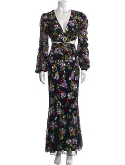 Pre-owned Mac Duggal Floral Print Long Dress In Black