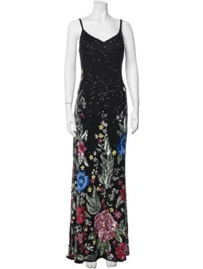 Pre-owned Mac Duggal Floral Print Long Dress In Black