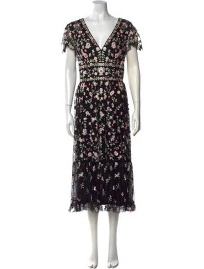 Pre-owned Mac Duggal Floral Print Long Dress In Black