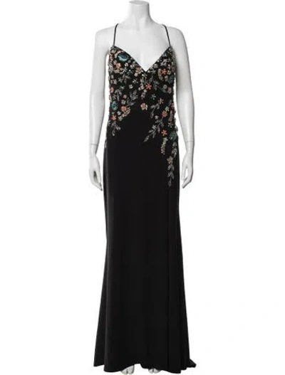 Pre-owned Mac Duggal Floral Print Long Dress In Black