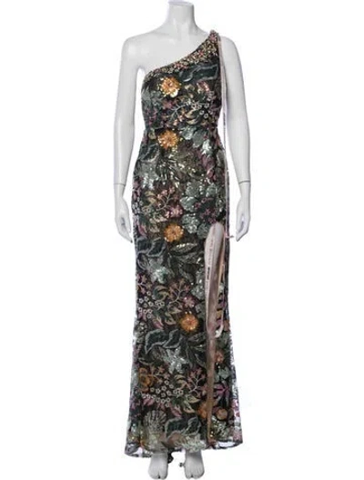 Pre-owned Mac Duggal Floral Print Long Dress In Black