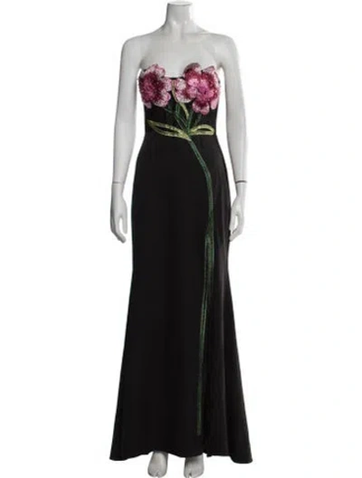 Pre-owned Mac Duggal Floral Print Long Dress In Black